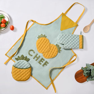 Pineapple Chef Apron With Mitten And Pot Holder