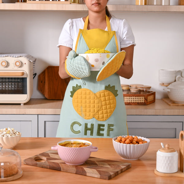 Pineapple Chef Apron With Mitten And Pot Holder