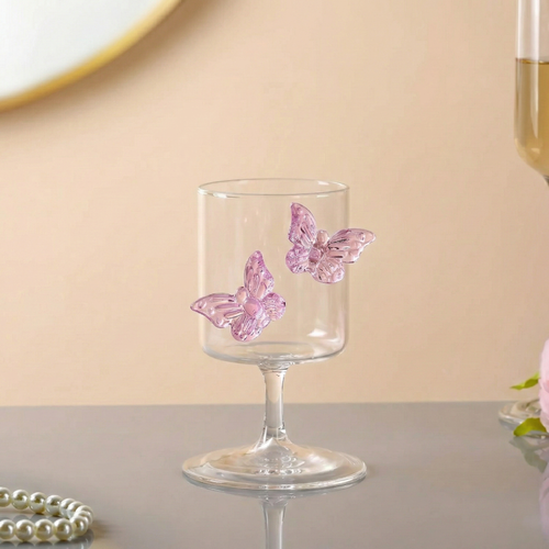 Pink 3D Butterfly Borosilicate Wine Glass 250ml