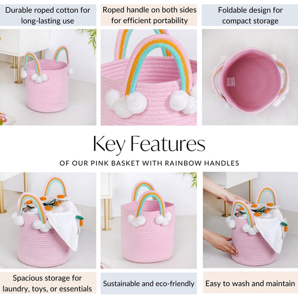 Pink Basket With Rainbow Handles 26cm