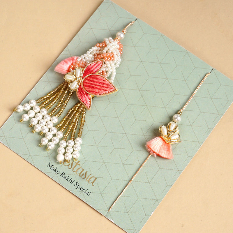 Pink Beads Rakhi And Lumba Set For Couples
