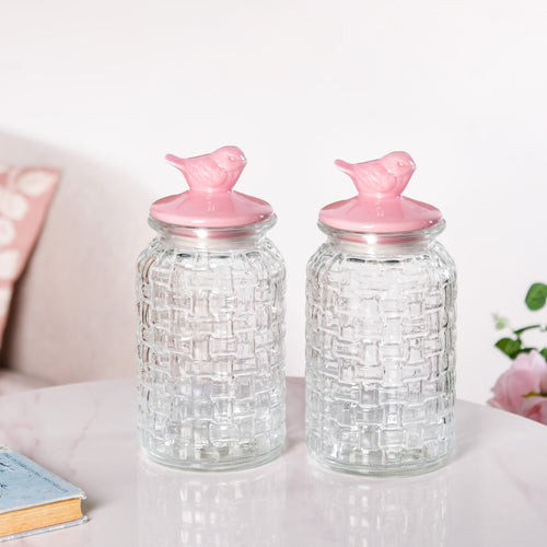 Pink Bird Ceramic Lid Glass Jar Set Of 2 1300ml
