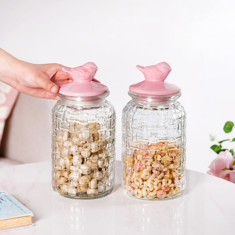 Pink Bird Ceramic Lid Glass Jar Set Of 2 1300ml