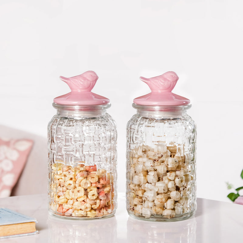 Pink Bird Ceramic Lid Glass Jar Set Of 2 1300ml