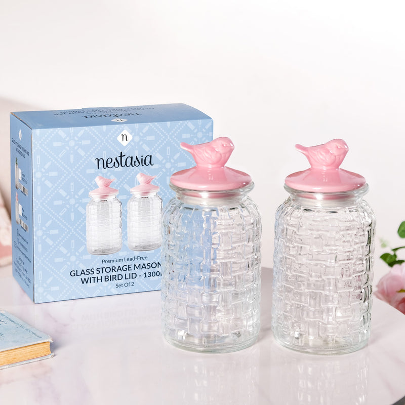 Pink Bird Ceramic Lid Glass Jar Set Of 2 1300ml