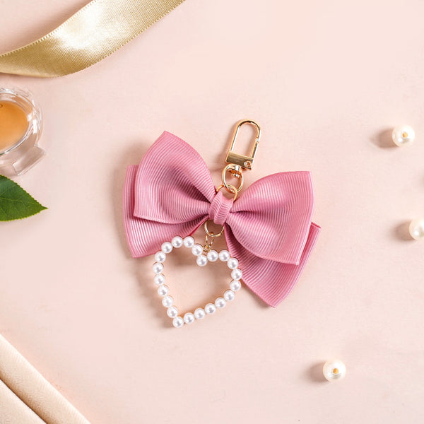 Pink Bow And Pearl Heart Cute Keychain