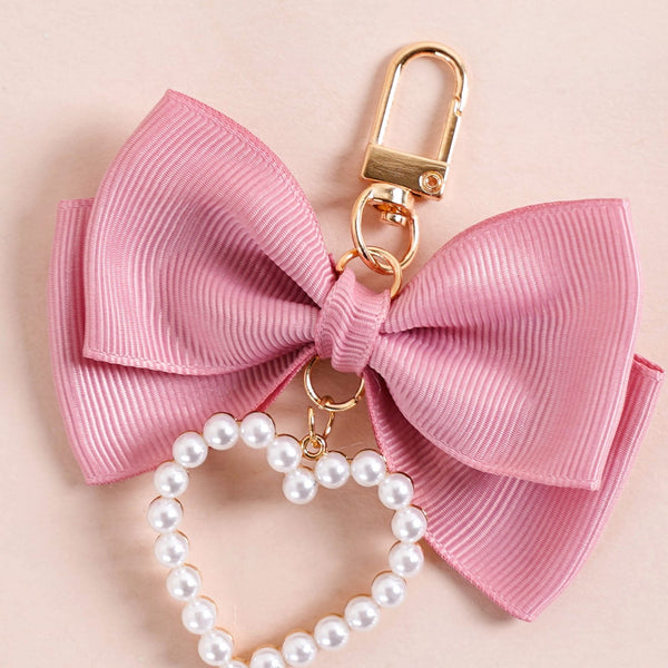 Pink Bow And Pearl Heart Cute Keychain