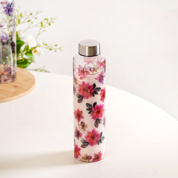 Pink Lotus Borosilicate Glass Leakproof Water Bottle 1000ml