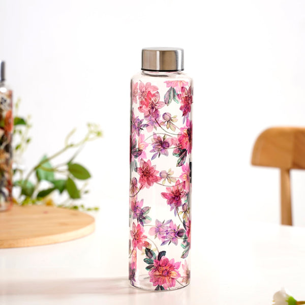 Pink Lotus Borosilicate Glass Leakproof Water Bottle 1000ml