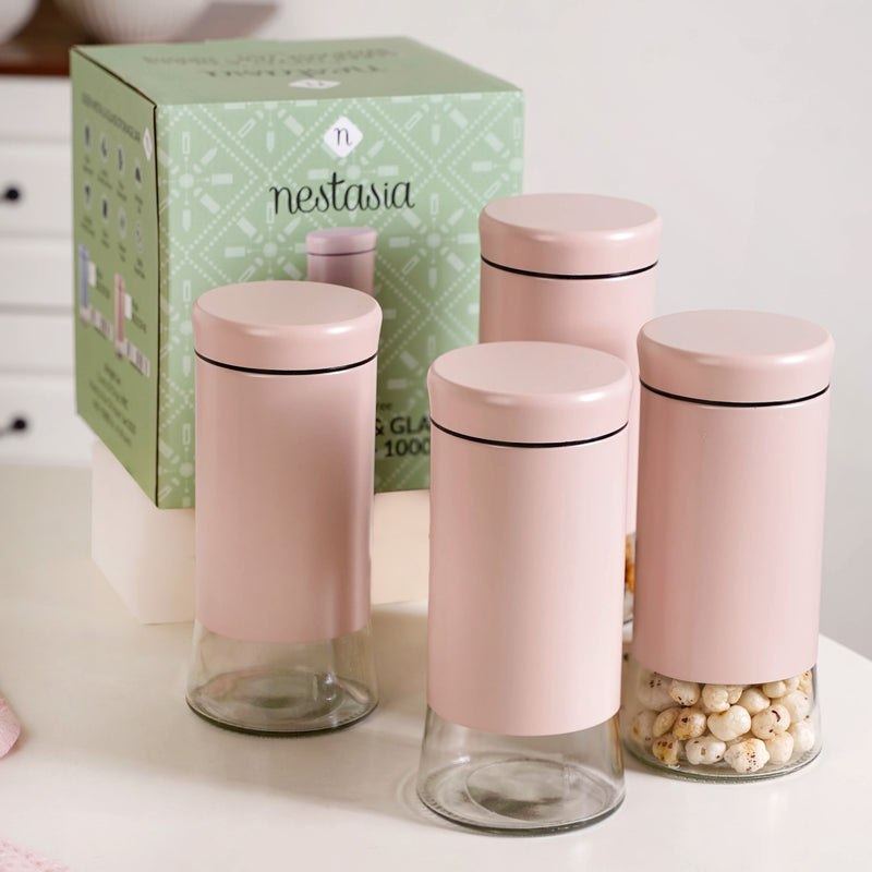 Pink Metal And Glass Container Set Of 4 1000ml
