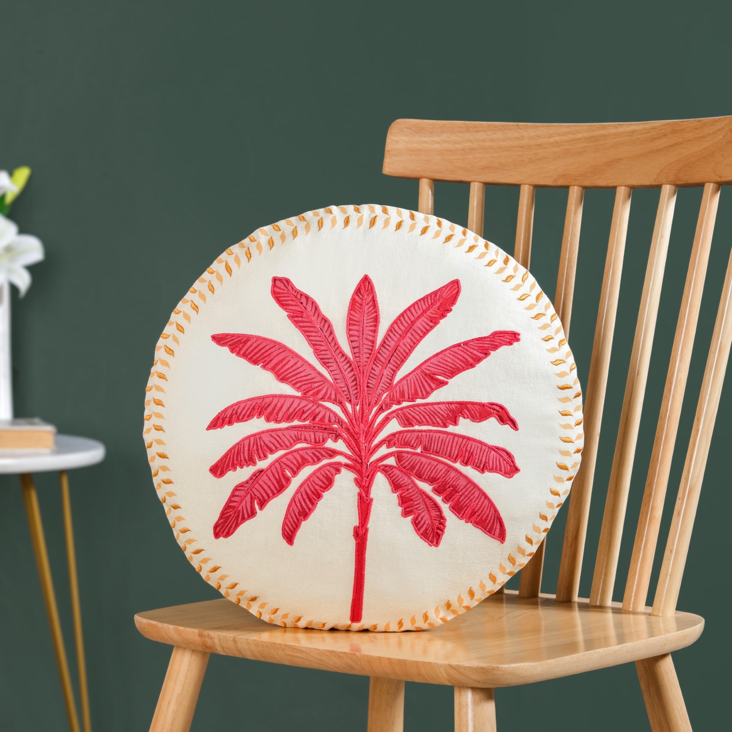 Pink Palm Embroidered Cotton Cushion Cover 45cm