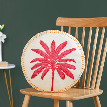 Pink Palm Embroidered Cotton Cushion Cover 45cm