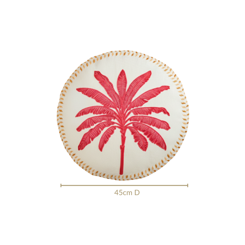 Pink Palm Embroidered Cotton Cushion Cover 45cm