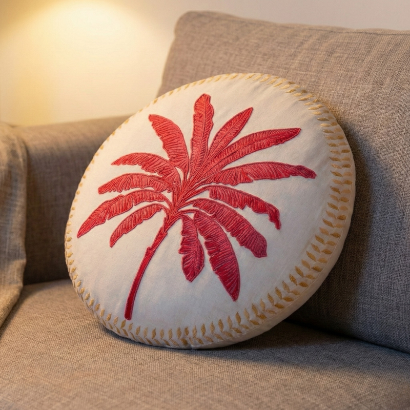 Pink Palm Embroidered Cotton Cushion Cover 45cm