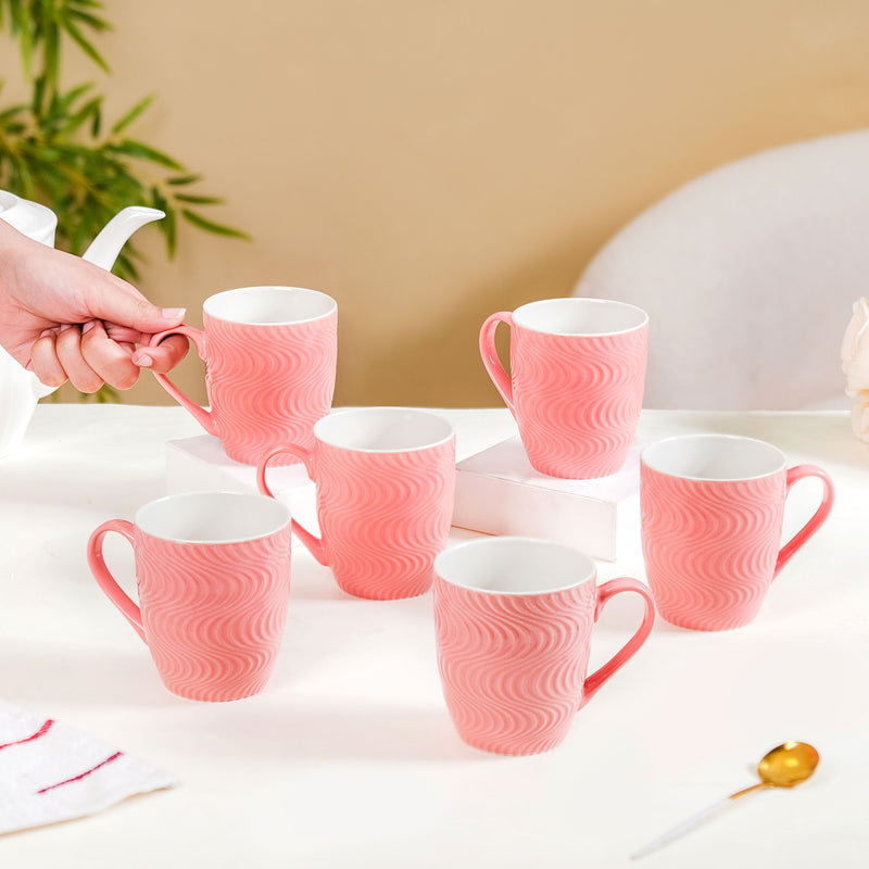 Pink Waves Texture Mug Set Of 6 230ml - Tea cups, tea cup set, ceramic tea cups, printed tea cups, coffee mugs, coffee cups, pink mugs