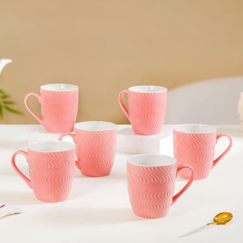 Pink Waves Texture Mug Set Of 6 230ml - Tea cups, tea cup set, ceramic tea cups, printed tea cups, coffee mugs, coffee cups, pink mugs