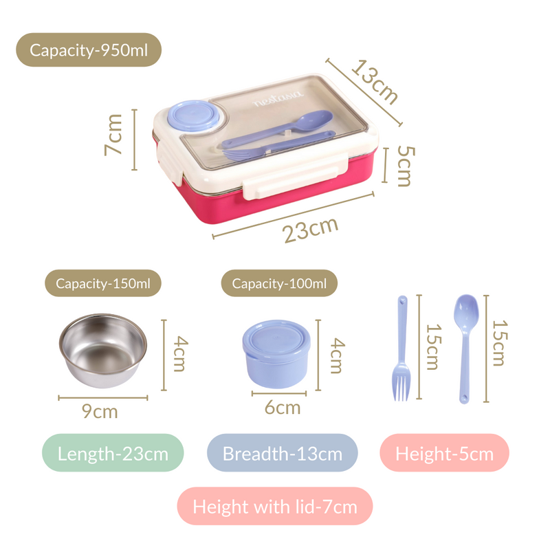 Pink 4 Grid Stainless Steel Lunch Box For Office 950ml