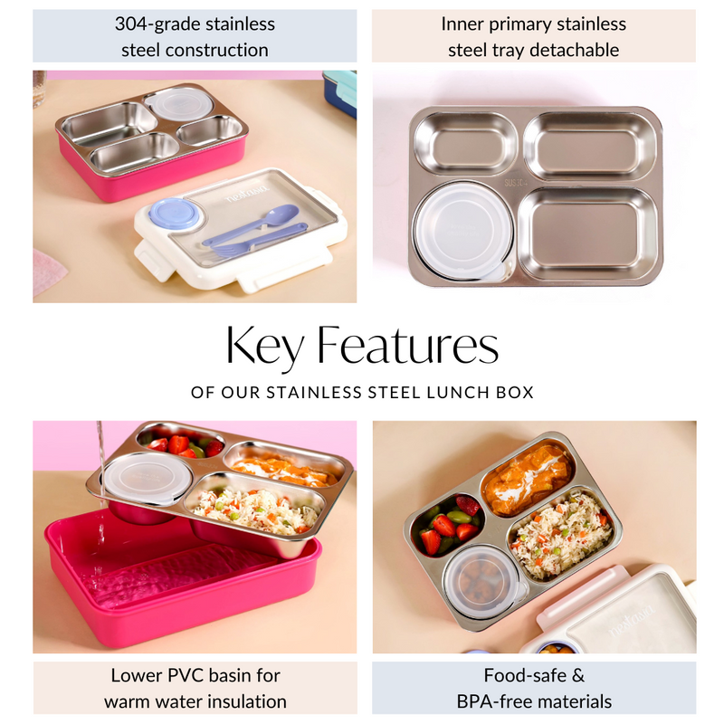 Pink 4 Grid Stainless Steel Lunch Box For Office 950ml