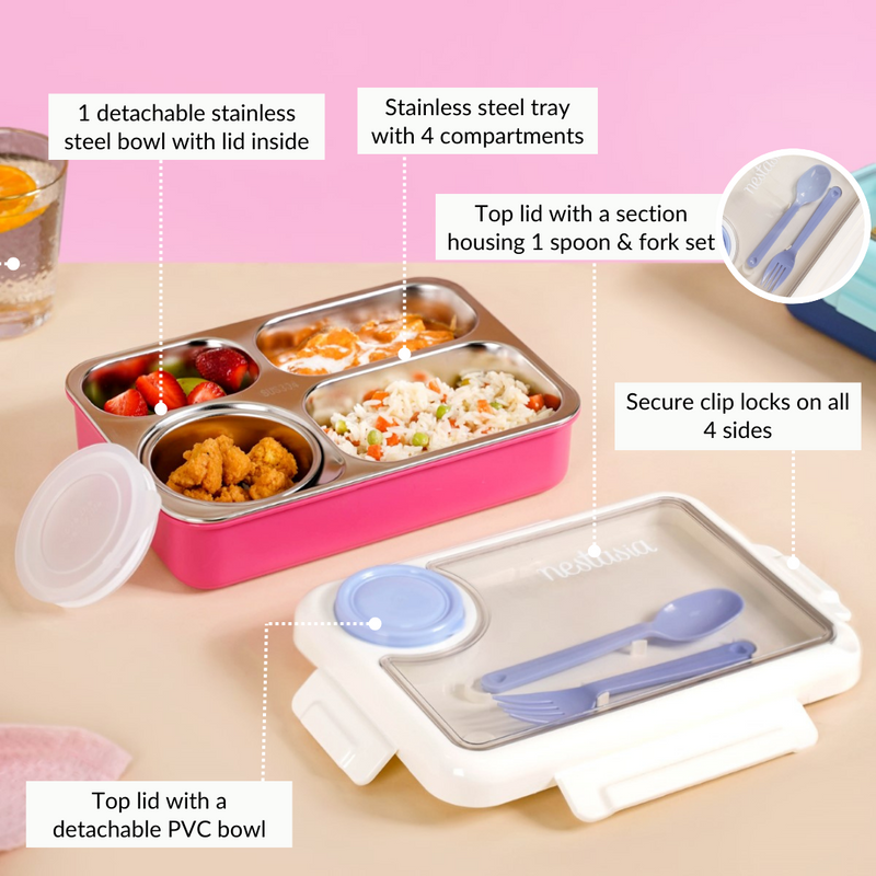 Pink 4 Grid Stainless Steel Lunch Box For Office 950ml
