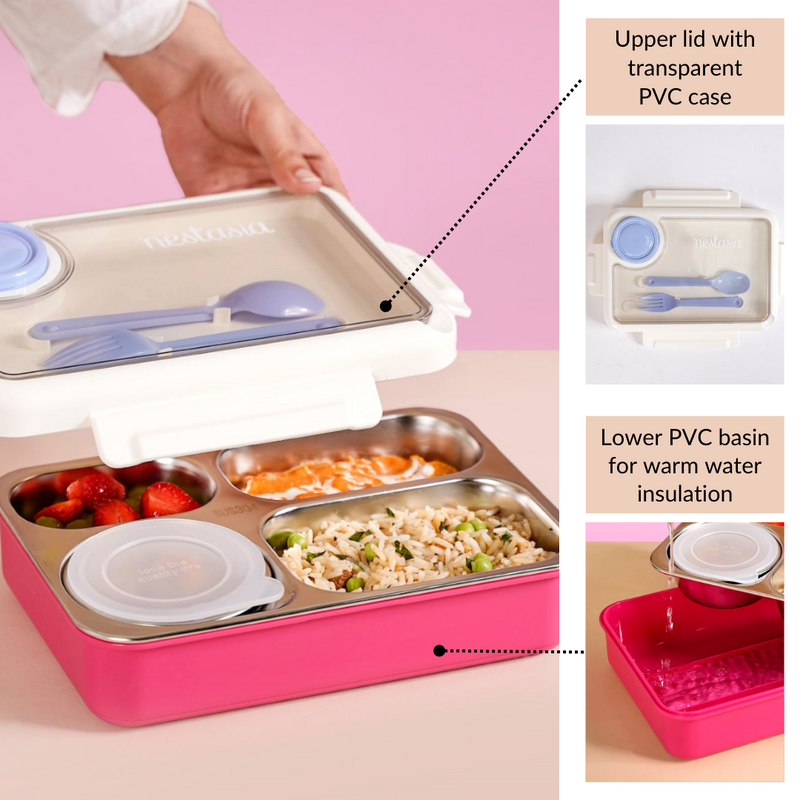 Pink 4 Grid Stainless Steel Lunch Box For Office 950ml