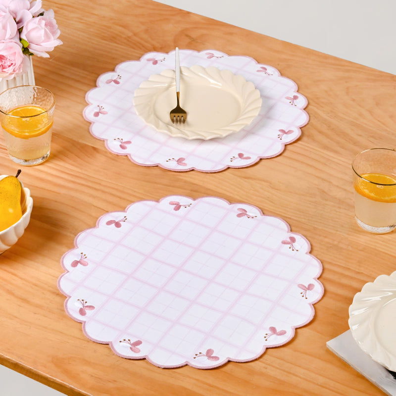 Pink Periwinkle Cotton Embroidered Table Mat Set Of 6