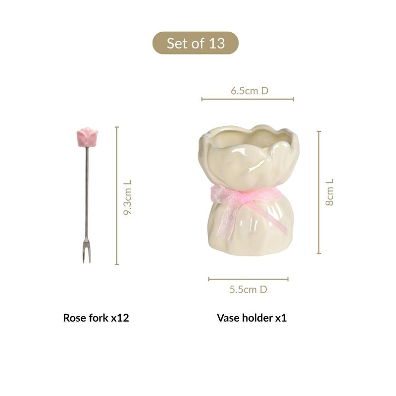 Pink Rose Fruit Fork With Ceramic Vase Set Of 13