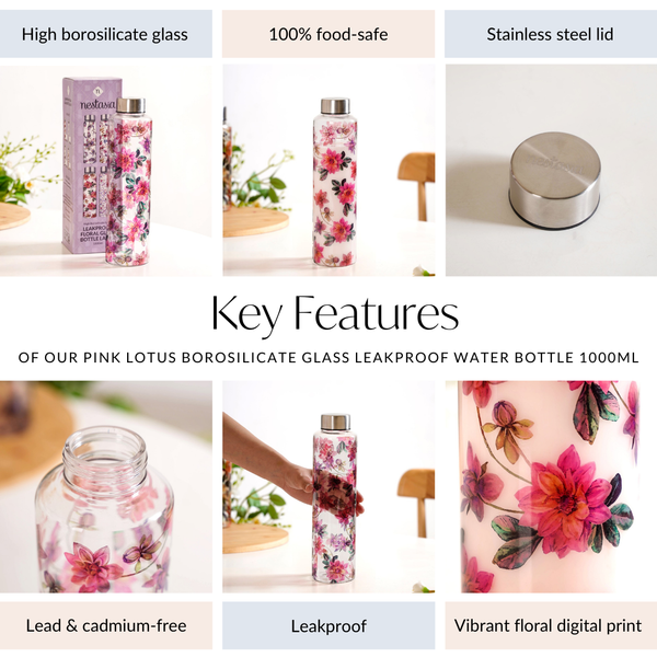 Pink Lotus Borosilicate Glass Leakproof Water Bottle 1000ml