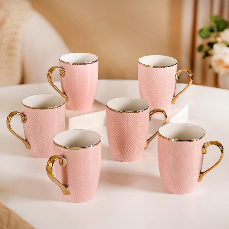 Set of 6 Pink Geometric Design Mug 330ml - Coffee mugs, coffee mug set, ceramic coffee mugs