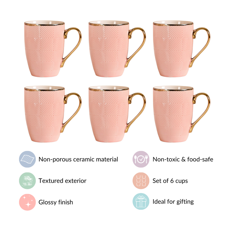 Set of 6 Pink Geometric Design Mug 330ml - Coffee mugs, coffee mug set, ceramic coffee mugs