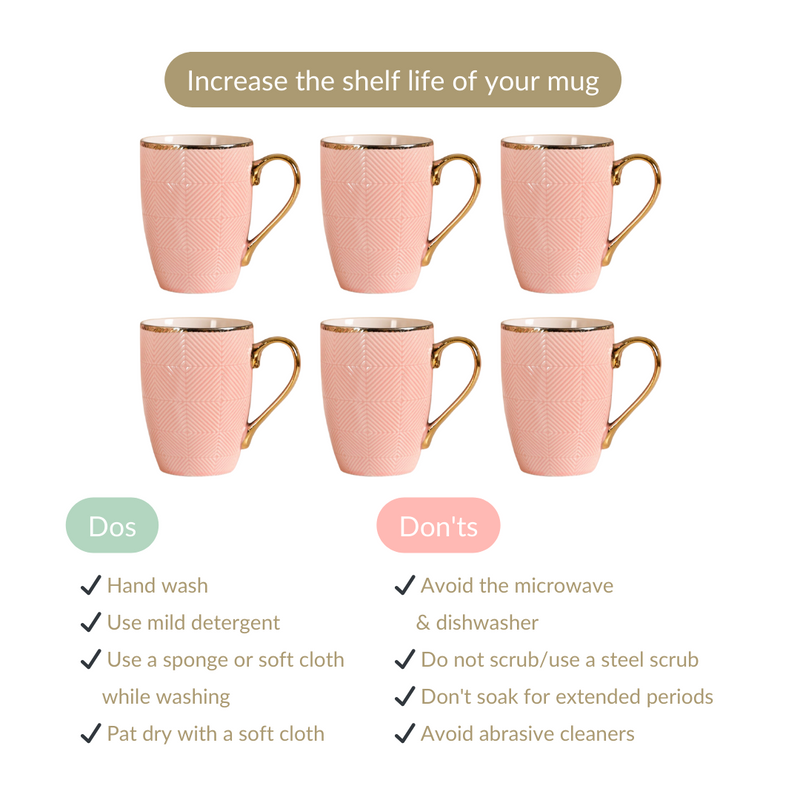 Set of 6 Pink Geometric Design Mug 330ml - Coffee mugs, coffee mug set, ceramic coffee mugs