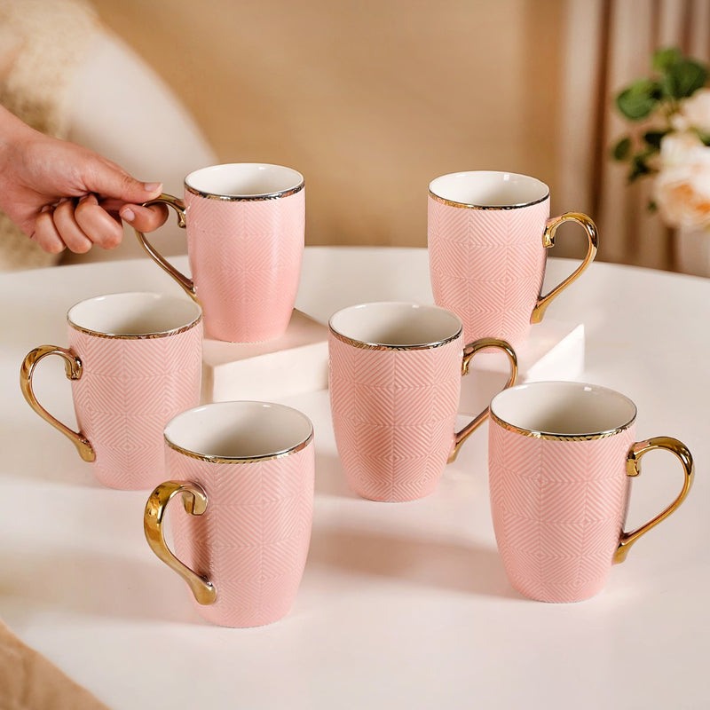 Set of 6 Pink Geometric Design Mug 330ml - Coffee mugs, coffee mug set, ceramic coffee mugs