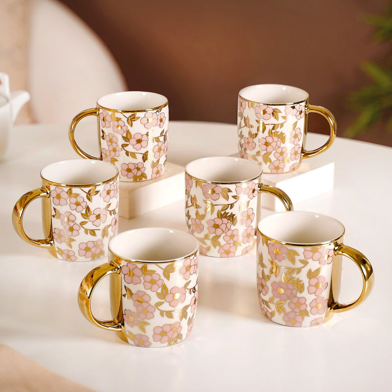 Luxury Pink Blossom Cup Set of 6 330ml - Coffee mugs, coffee mug set, ceramic coffee mugs, tea cup set, tea cups, printed mugs