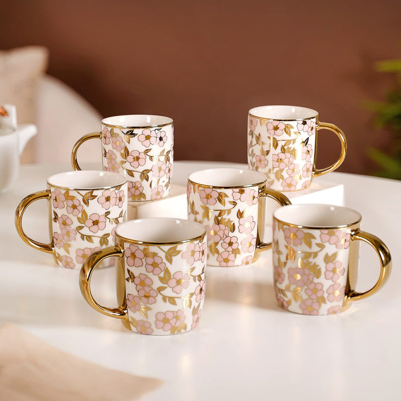 Luxury Pink Blossom Cup Set of 6 330ml - Coffee mugs, coffee mug set, ceramic coffee mugs, tea cup set, tea cups, printed mugs