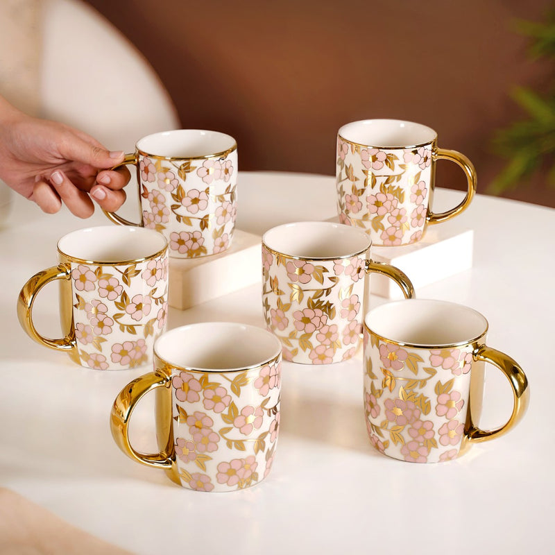 Luxury Pink Blossom Cup Set of 6 330ml - Coffee mugs, coffee mug set, ceramic coffee mugs, tea cup set, tea cups, printed mugs