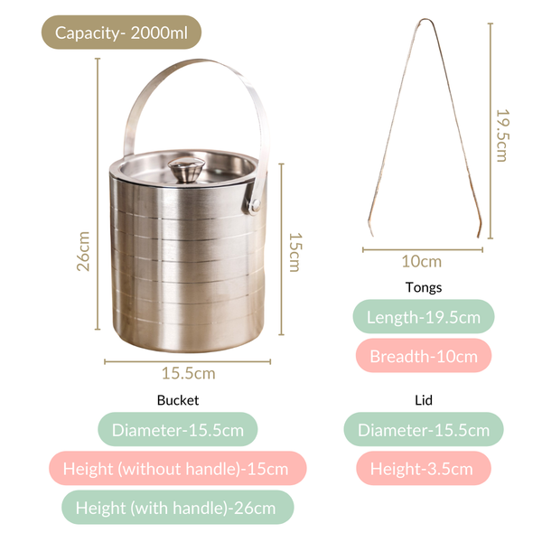 Pinstripe Stainless Steel Ice Bucket With Tongs 2000ml