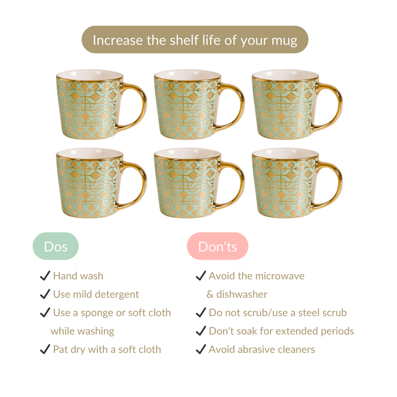 Emirati Gold Tea Cup Set of 6 Green 280ml- Tea cups, tea cup set, tea cup set of 6, ceramic tea cups