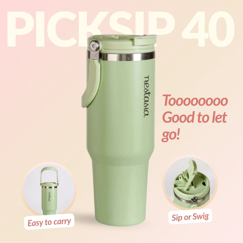 PickSip 40 Insulated Tumbler Bottle With Top Handle Pistachio Cream Green 1200ml
