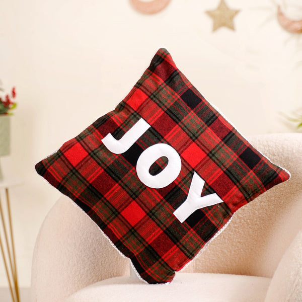 Joy Christmas Decorative Plaid Cushion Cover 16x16 Inch