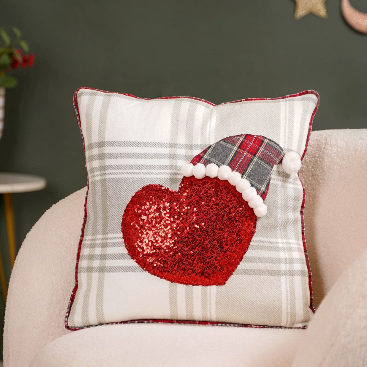 Christmas Heart Plaid Cushion Cover 16x16 Inch Online Premium