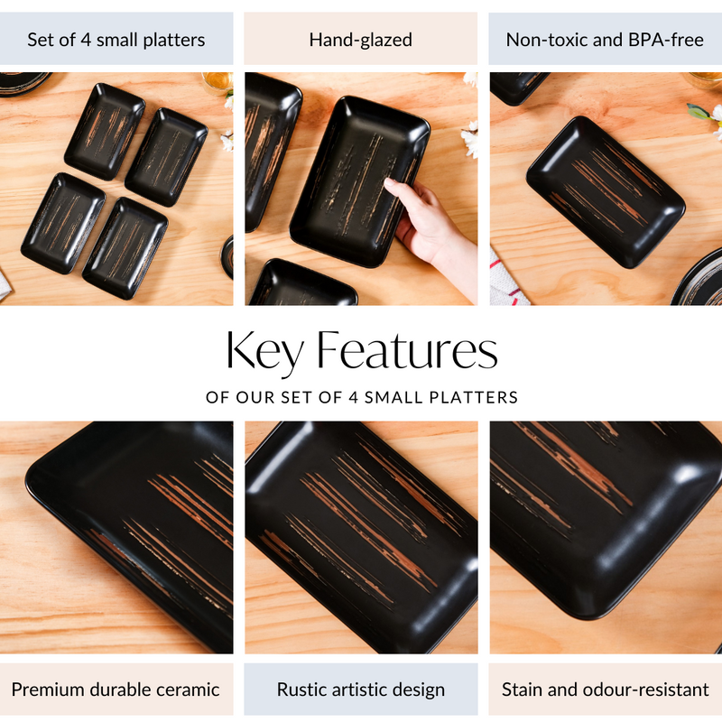Textured Brushstroke Exotic Platter Small Black Set Of 4 8 Inch - Platter set, serving platters, serving platter set