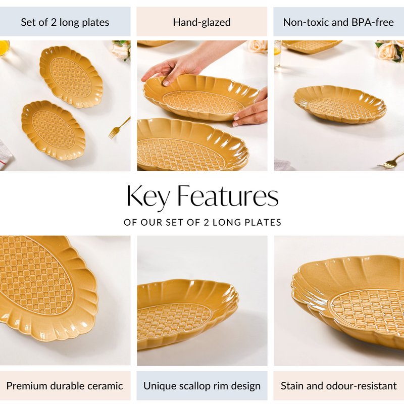 Exotic Moroccan Motif Platter Yellow Ochre Set Of 2 12 Inch - Ceramic platter, long platter, yellow platter, ceramic serving platter