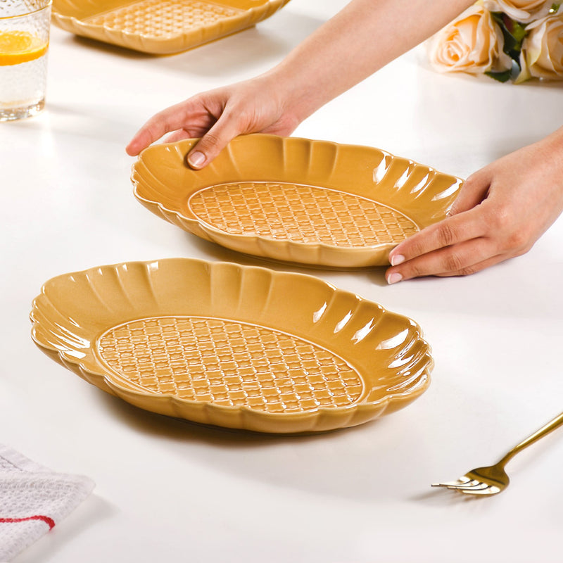 Exotic Moroccan Motif Platter Yellow Ochre Set Of 2 12 Inch - Ceramic platter, long platter, yellow platter, ceramic serving platter