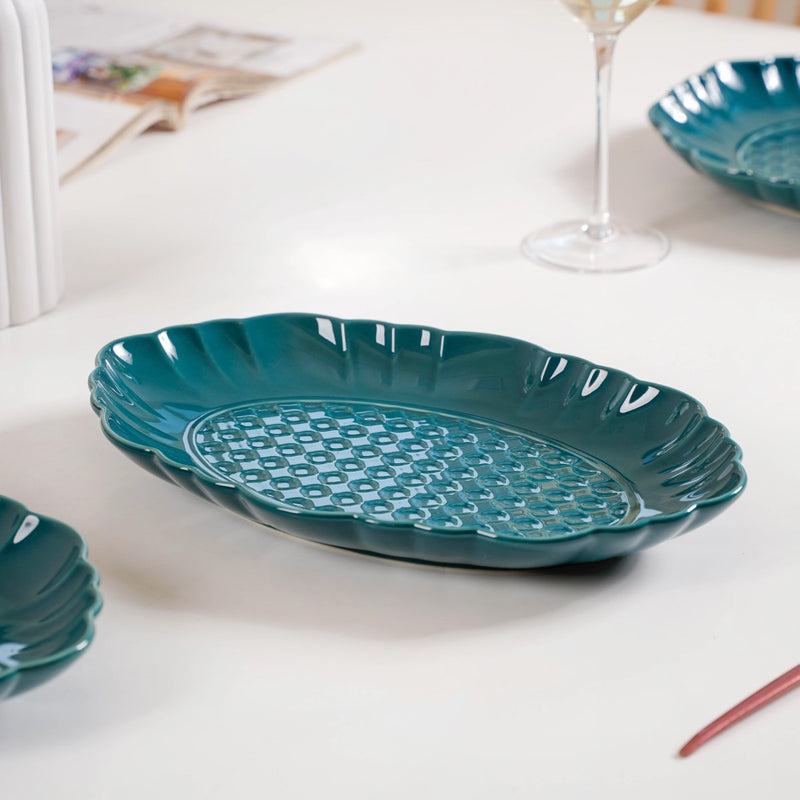 Luxe Moroccan Long Platter Set Of 2 12 Inch - Ceramic platter, long platter, blue platter, ceramic serving platter