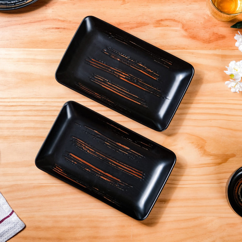 Exotic Brushstroke Platter Large Black Set Of 2 10 Inch - Ceramic platter, long platter, ceramic serving platter