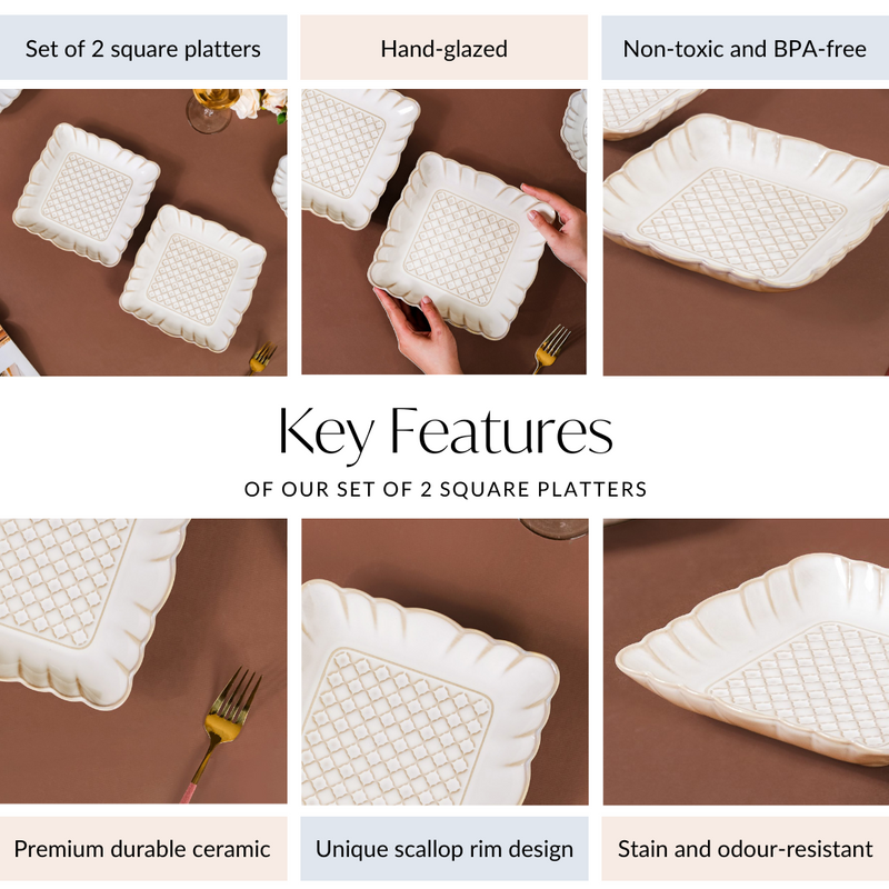 Scalloped Rimmed Square Platter Set Of 2 Ivory 8 Inch - Rimmed platter, square platter, ceramic platter set, ceramic platter, ceramic serving platter