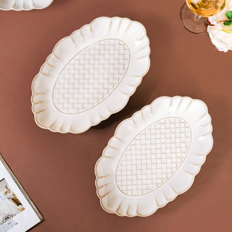 Chic Moroccan Long Plate Set Of 2 Ivory 12 Inch - Long plates, serving plates, serving plate set, ceramic serving plates, serving dishes