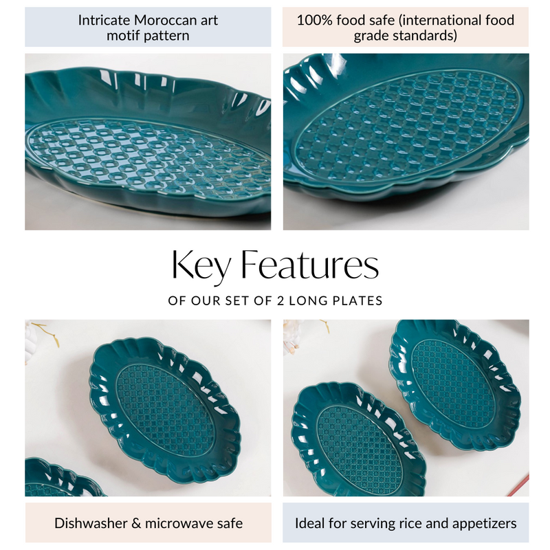 Luxe Moroccan Long Platter Set Of 2 12 Inch - Ceramic platter, long platter, blue platter, ceramic serving platter