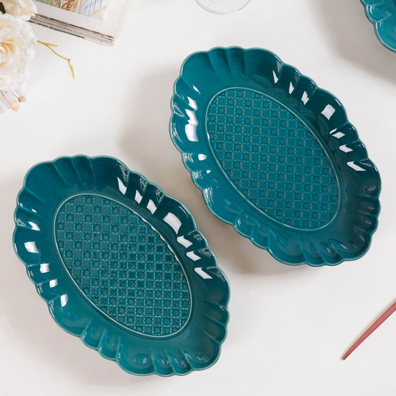 Luxe Moroccan Long Platter Set Of 2 12 Inch - Ceramic platter, long platter, blue platter, ceramic serving platter