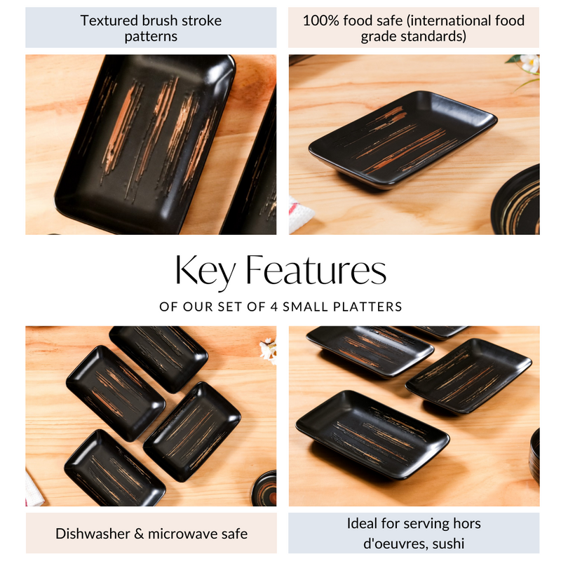 Textured Brushstroke Exotic Platter Small Black Set Of 4 8 Inch - Platter set, serving platters, serving platter set