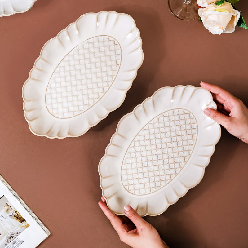 Chic Moroccan Long Plate Set Of 2 Ivory 12 Inch - Long plates, serving plates, serving plate set, ceramic serving plates, serving dishes